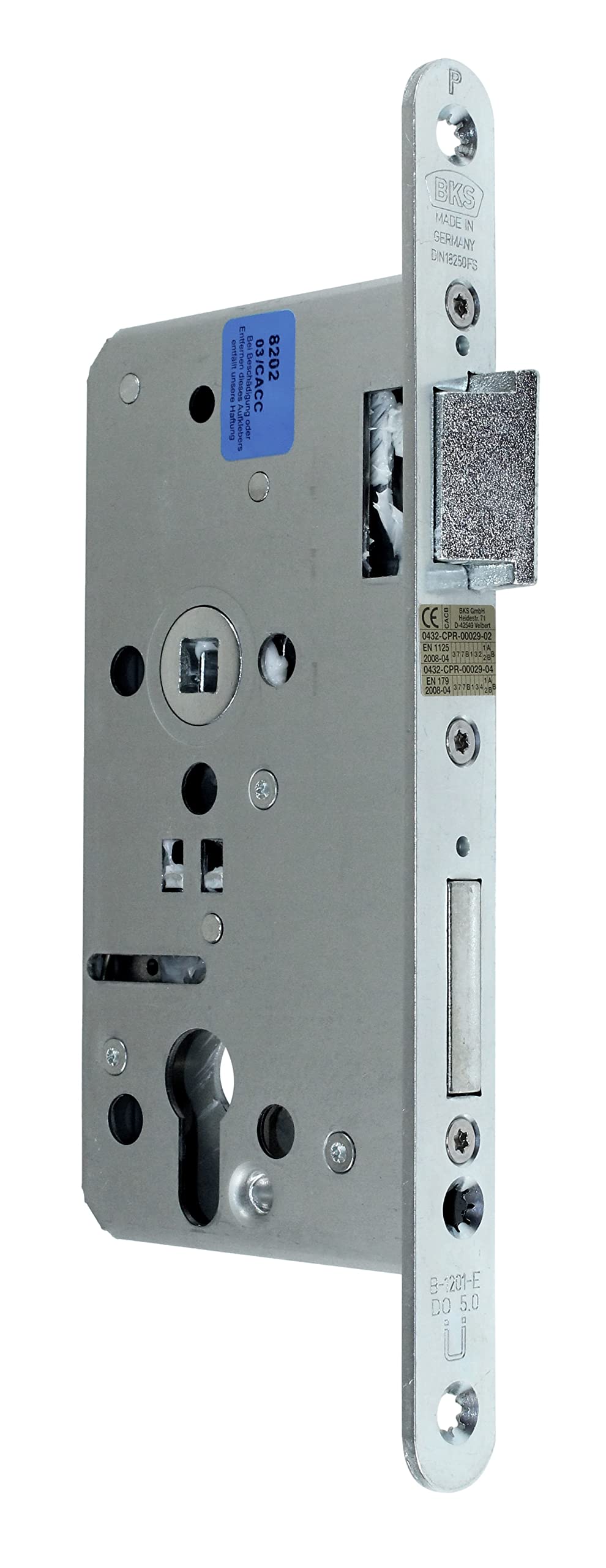 BKS FH Panikschloss Türschloss/Stahltürschloss, Funktion E, Dornmaß 55mm, Entfernung: 72mm, Stulp: 20x235mm abgerundet, DIN Rechts, incl. SN-TEC® Montageset (RECHTS)