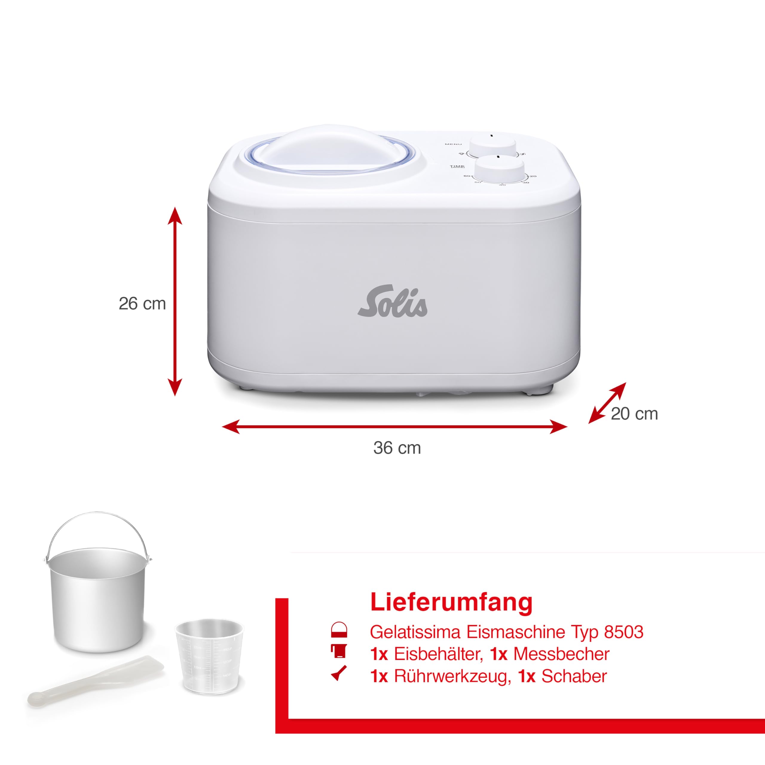 Solis Gelatissima Eismaschine (Typ 8503) – 1L Eiscreme Maschine für Zuhause, Frozen Yogurt & Sorbet Maker, leistungsstarker 100W Kompressor, BPA-frei, benutzerfreundlich mit Timer & Drehregler