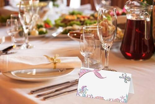Miniatura 3 de Tarjetas de lugar para bodas, cumpleaños o fiestas, sirena, vida marina, tarjetas de lugar con nombre, tarjetas de mesa de asiento plegables,