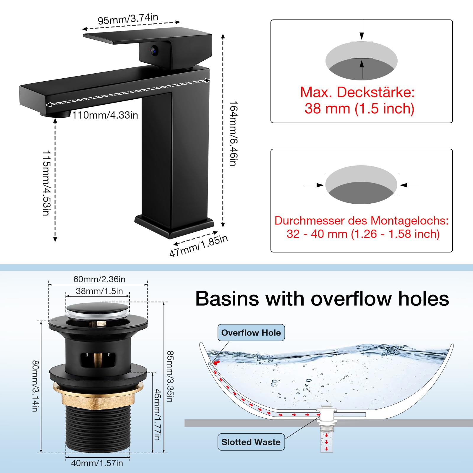 Basin Mixer Tap with Drain, Black Bathroom Sink Taps with Waste - Image 2