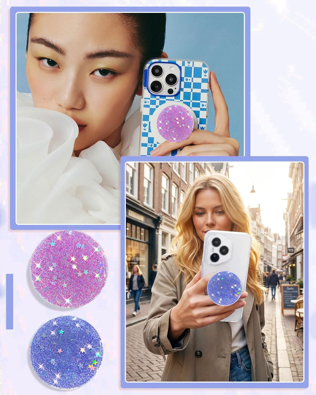 2 Pezzi Supporto Impugnatura Telefoni, Impugnatura Smartphone, Cellular Grip per Cellulare, presa sicura, comfort quotidiano per smartphone e tablet, pieghevole e retrattile,Viola/Blu