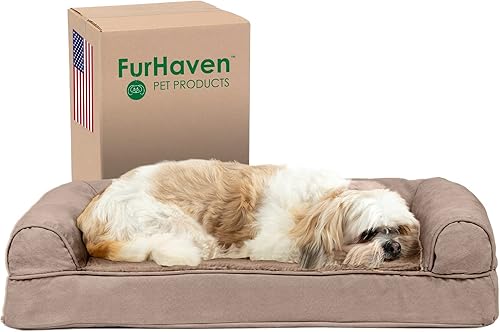 Miniatura 29 de Furhaven Cama para perro, espuma de gel refrescante, de pelo sintético y terciopelo, estilo sofá, color gris humo, talla L Almondine,Café,Crema,Dark