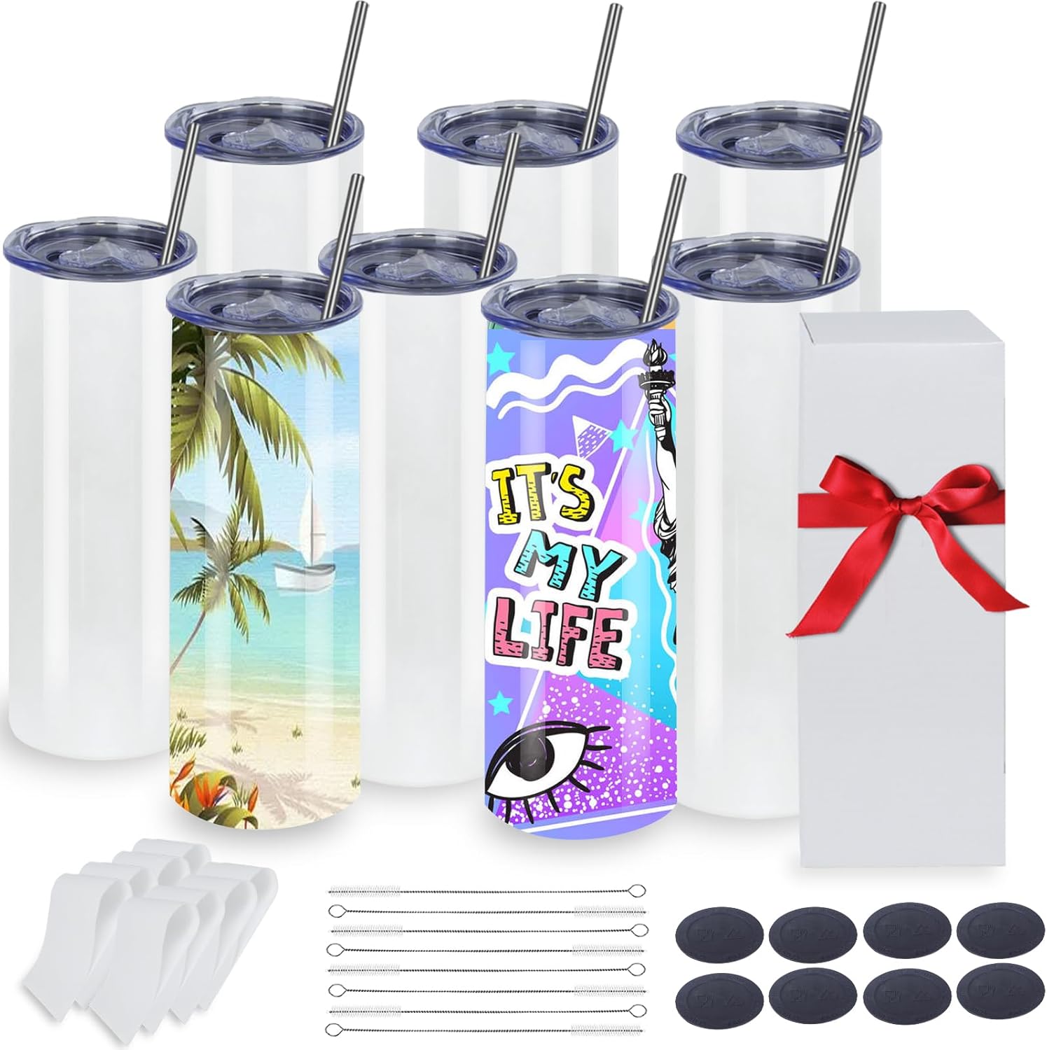 8 Pack Sublimation Tumblers 20 Oz Skinny Straight, Stainless Steel Sublimation Tumblers Blank, Individually Gift Boxed, Insulated Tumbler Sublimation (8 PACK 20OZ)