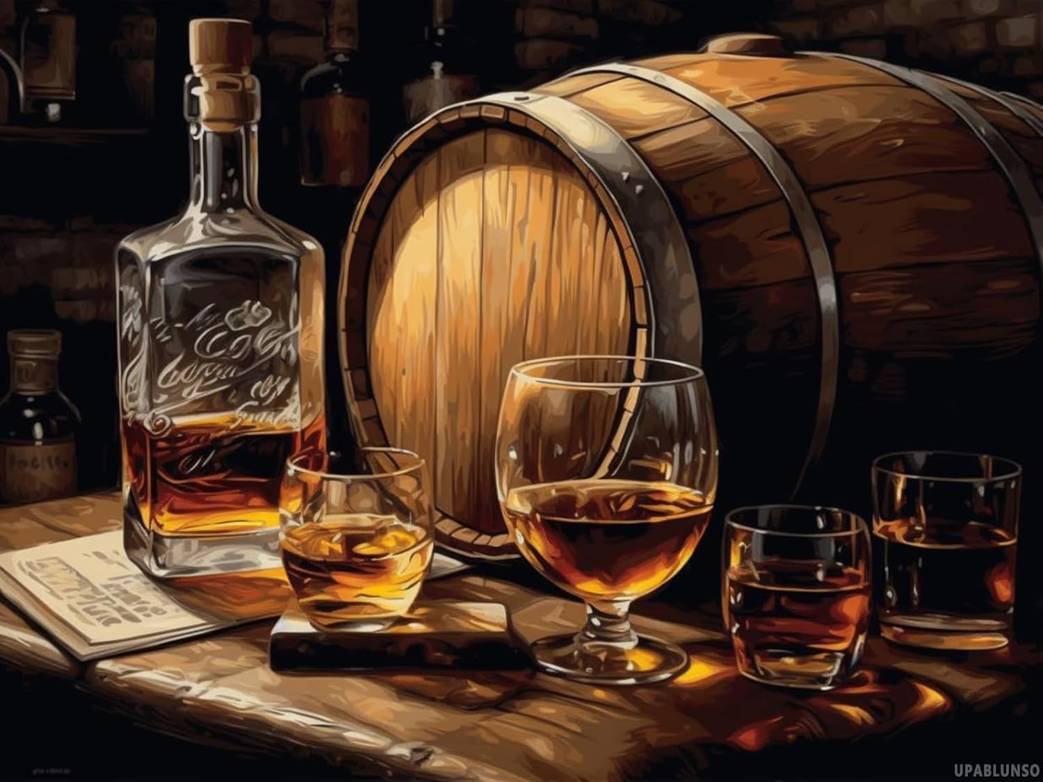 UPABLUNSO ダイヤモンドアートペインティング ワイン アイス ウイスキー絵画 ライト付き葉巻 木製キット付き 大人用 ダイヤ