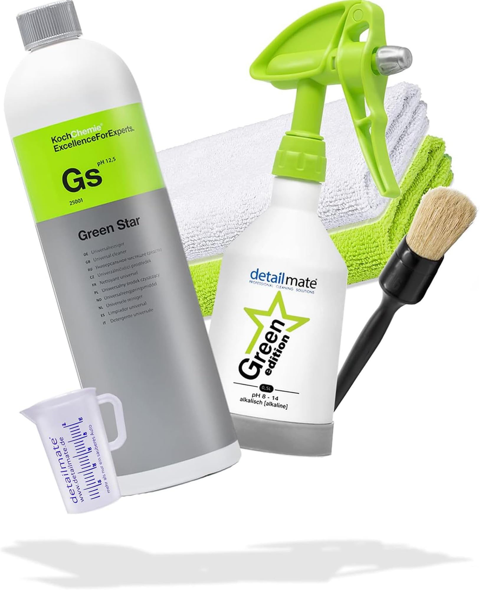 Green Star Set Car Interior Cleaning: Koch Chemie GreenStar Universal Cleaner 1L, Kwazar Mercury Spray Bottle Green Edition 0.5L Suitable for pH 8-14, 2x Microfibre Cloths, Valet Pro Brush