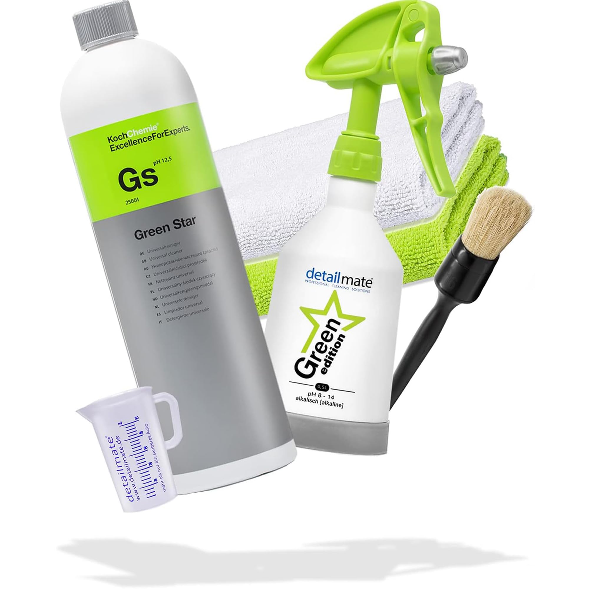 Green Star Set Car Interior Cleaning: Koch Chemie GreenStar Universal Cleaner 1L, Kwazar Mercury Spray Bottle Green Edition 0.5L Suitable for pH 8-14, 2x Microfibre Cloths, Valet Pro Brush