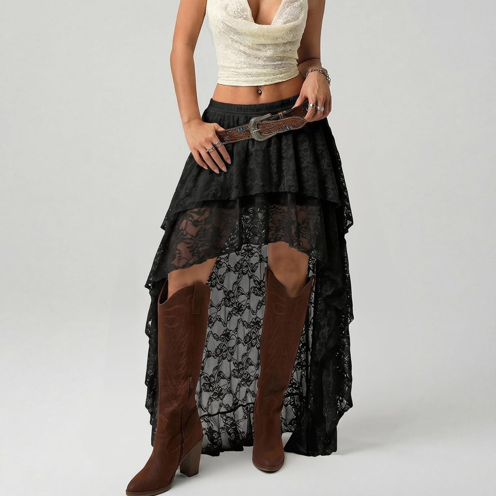 Générique Jupe Longue à Volants en Dentelle et Tulle superposés pour Femme, Coupe trapèze, Style bohème, Ourlet Tendance, idéale pour Les Sorties. (Black,S)