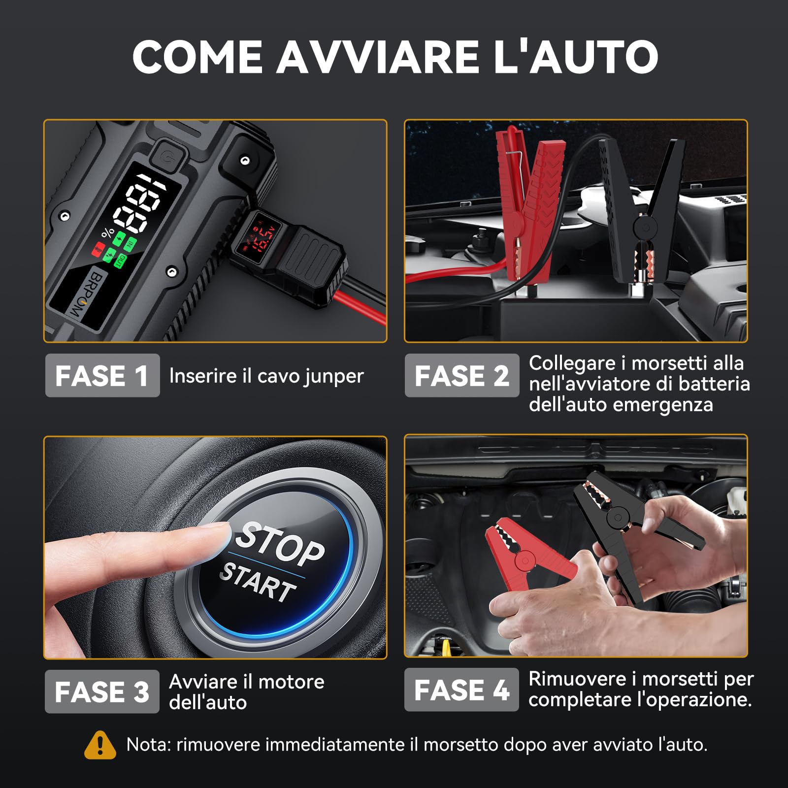 BRPOM Avviatore Batteria Auto, 9000A 26800mAh Avviatore di Emergenza per Auto/Moto, (Motori Fino a ALL Gas o 8.5L Diesel) Booster Avviamento con Torcia a LED&USB Quick Charge 3.0