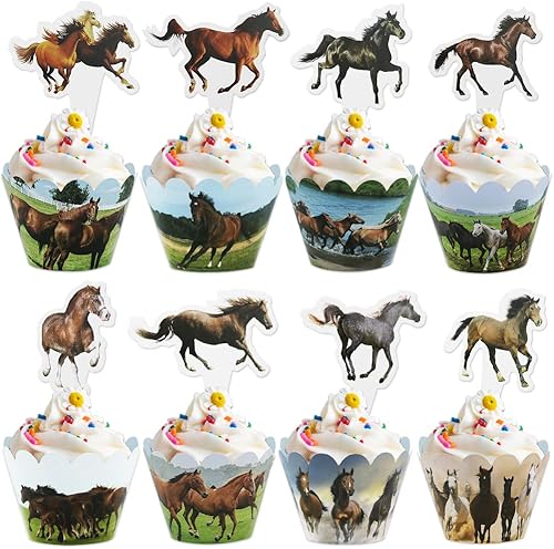 48 piezas de decoración de cupcakes de caballo, caballos galopando en los pastizales, decoración de cupcakes para caballos ecuestre, fiesta temática