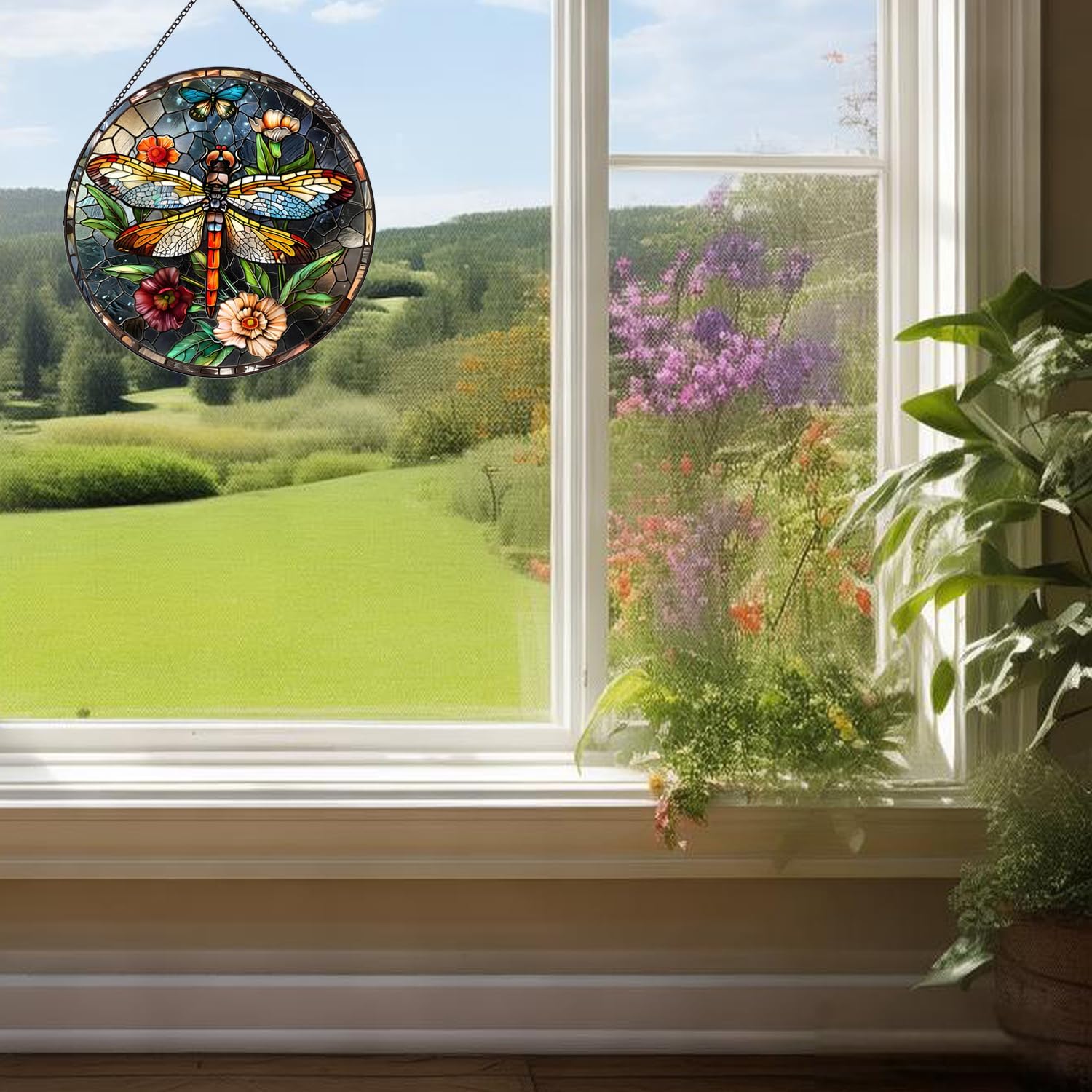 Sunflower Hanging Stained Glass for Windows+Dragonfly Hanging Stained Glass Suncatcher