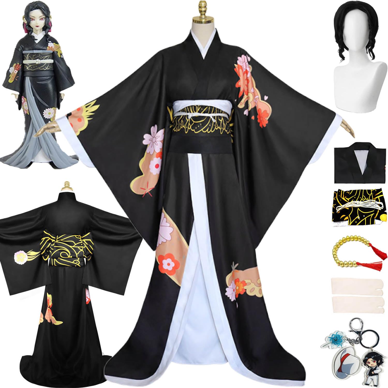 bbganlian Anime Character Kibutsuji Muzan Cosplay Costume Outfit Kochou Shinobu Role Play Uniform Full Set Halloween Party Carnival Dress Up Suit with Wig Headdress for Women (M)