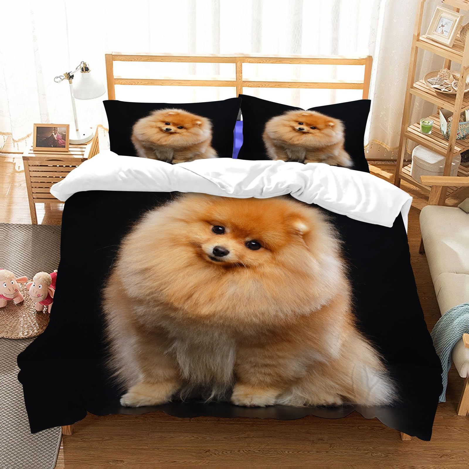 L'ensemble de literie 100% microfibres 228x264cm motif chien loulou de poméranie avec taies