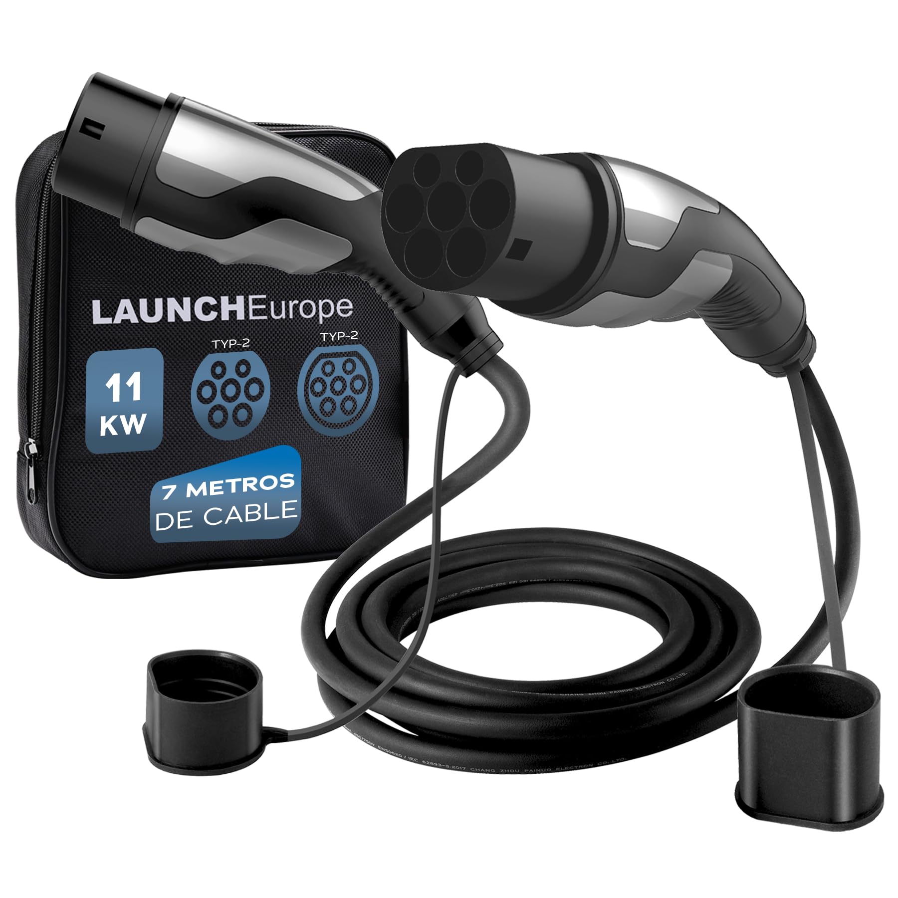 LAUNCH Cable Carga Coche Electrico (16 A, 11 kW, 7 m, Trifásico), EV Cable de Extensión Tipo 2 Compatible con Cargador EV, Estación de Carga, IP55, para Vehículos Eléctricos (EV/PHEV)