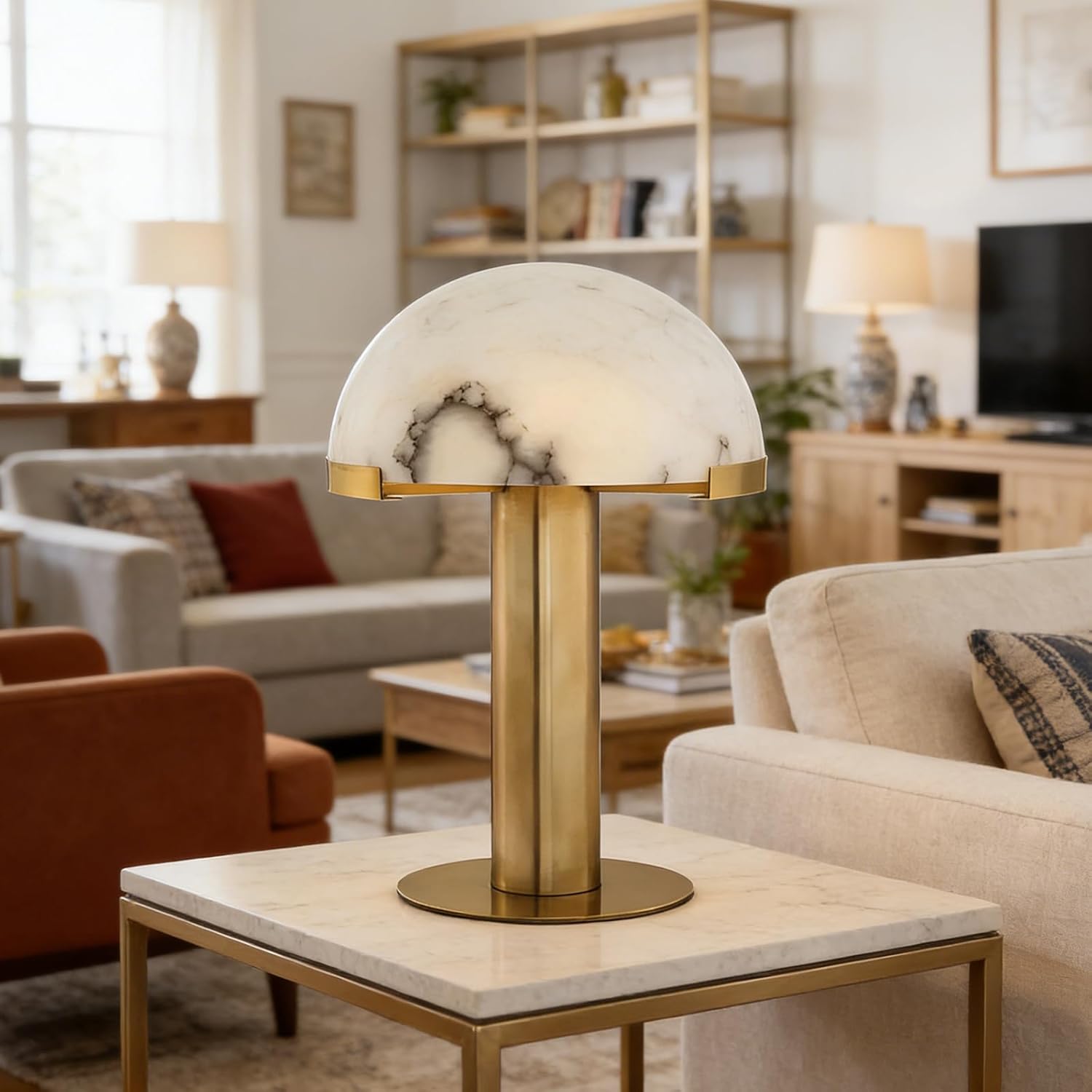 Postmodern Faux Marble Table Lamp, Golden Copper Metal Decorative Lamp Body and a Mushroom Dome Shaped Lamp Shade, for Bedside Reading Lamp in Living Room Bedroom Study Room Office