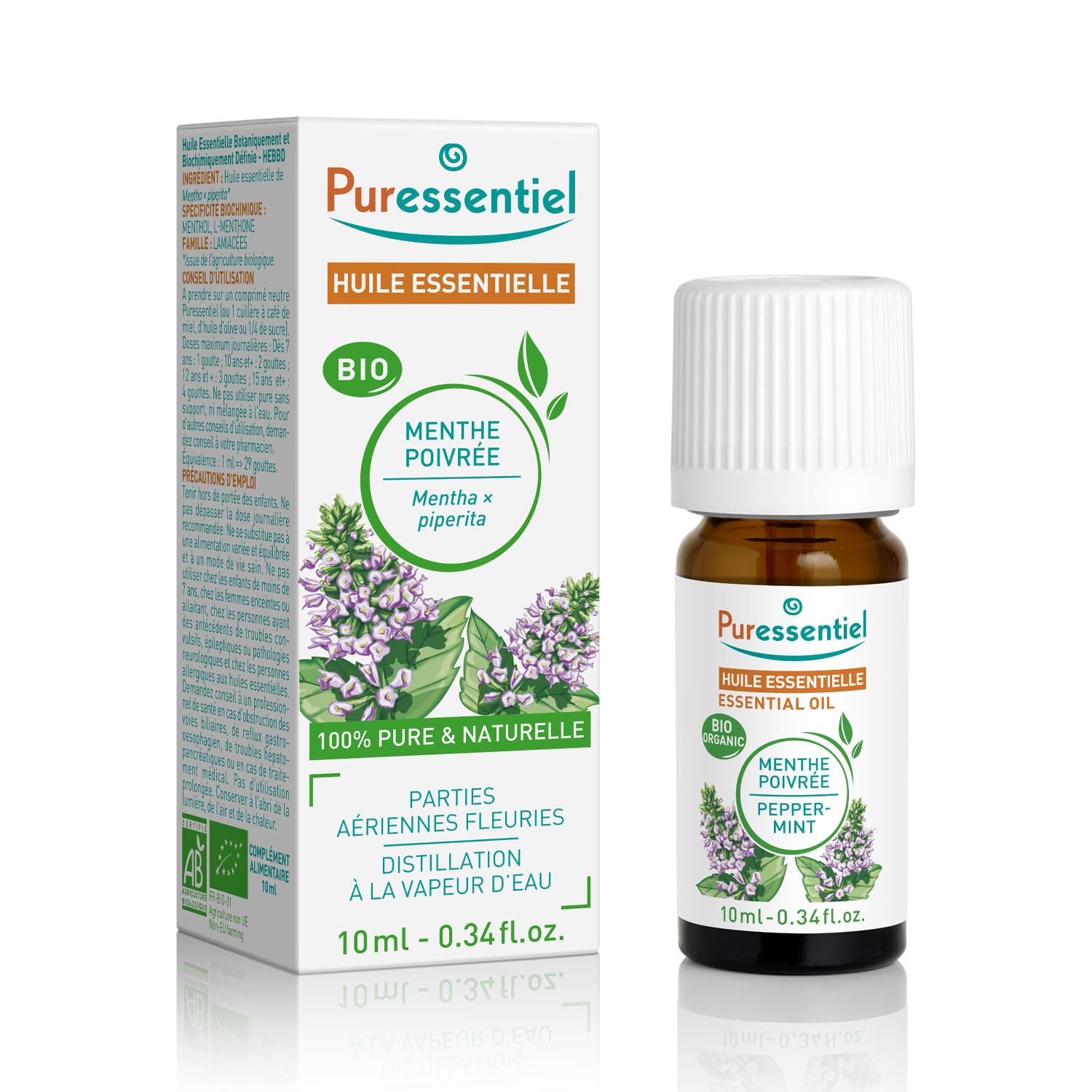 Puressentiel Huile essentielle Menthe poivrée BIO – Contribue au confort digestif – 100% pure et naturelle – 10 ml