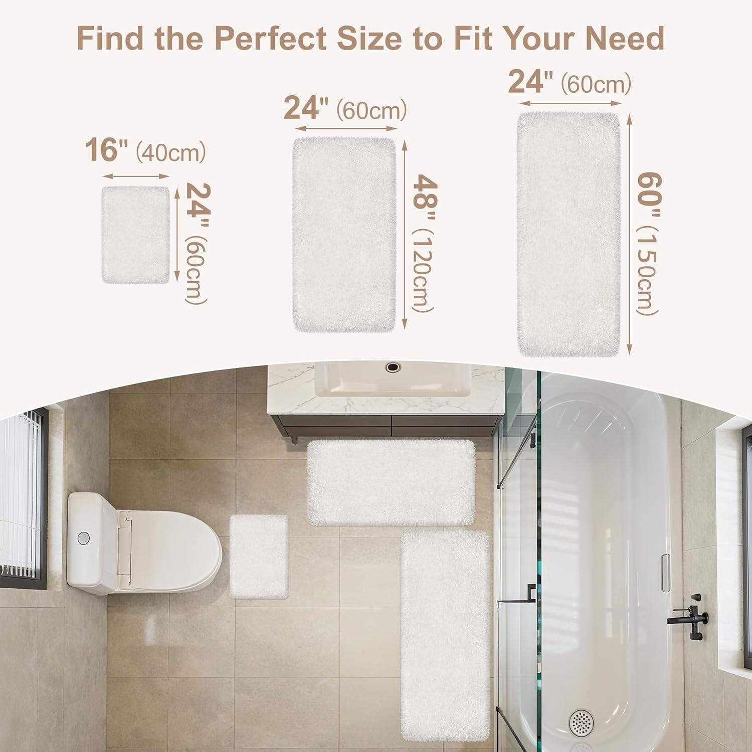 Bathroom Runner Rug 60"x24", Non Slip Fluffy Long Bath Mat, Soft Shaggy Absorbent Microfiber Bath Rugs, Machine Washable Bath Mats for Bathroom Floor, Tub and Shower, White