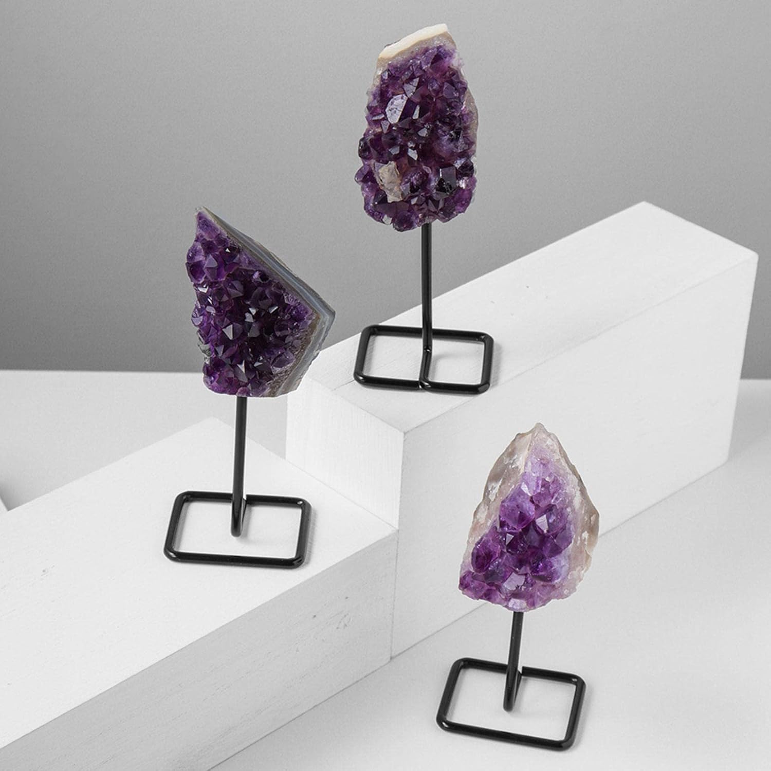 Natural Amethyst Crystal Cluster on Metal Stand Purple Amethyst Geode Specimen Crafts Decoration Ornament Stone for Mediation and Reiki Home Office Feng Shui Decor,A Gift (Color : Khaki)