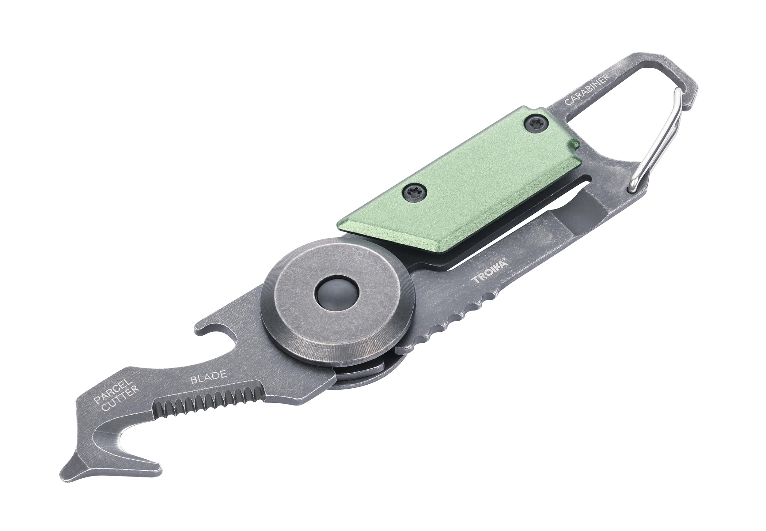 Troika Green Mini Tool With 5 Functions - Egon Card - Parcel Knife - Carabiner Hook - Small Saw Blade - 420 Stainless Steel Aluminium - Anodised - Stonewash - Original