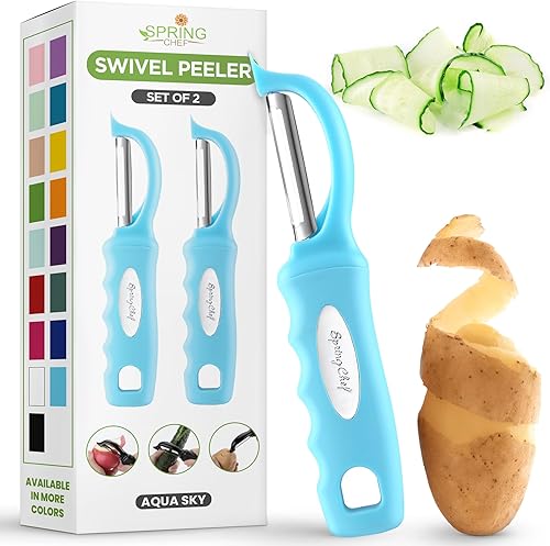 Miniatura 15 de Spring Chef Pelador de verduras giratorio profesional rojo para cocina, peladores de papas de acero inoxidable con mango de agarre suave, perfecto