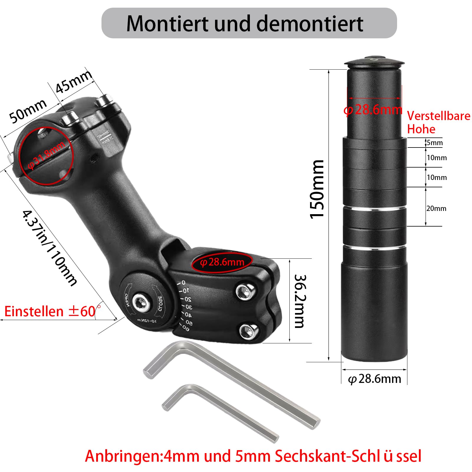 Fahrrad Vorbau Riser,Verstellbarer MTB Vorbau,28.6mm Fahrradgabel Aluminium Verstellbar 150mm,Fahrrad Vorbau 31.8mm,Verstellbar 120 Grad 110mm,Geeignet für Mountainbike, Rennrad, MTB, BMX