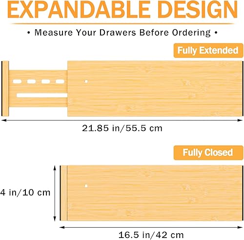 Miniatura 5 de Separadores de cajones de bambú de 4 pulgadas de alto, 16.5-22 pulgadas ajustables para ropa, separadores de aparadores expandibles en dormitorio,