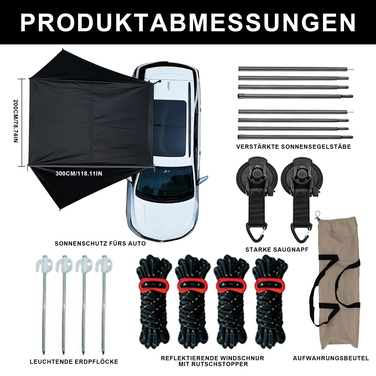 2 x 3 m Auto Markise Sonnensegel, Sonnensegel mit Stangen, mit 2 Halterungen, 4 windfestes Seil, 4 Heringen, 2 Saugnäpfen, Heckstoßstangenmarkise, geeignet für Wohnmobile, Vans und Wohnwagen.