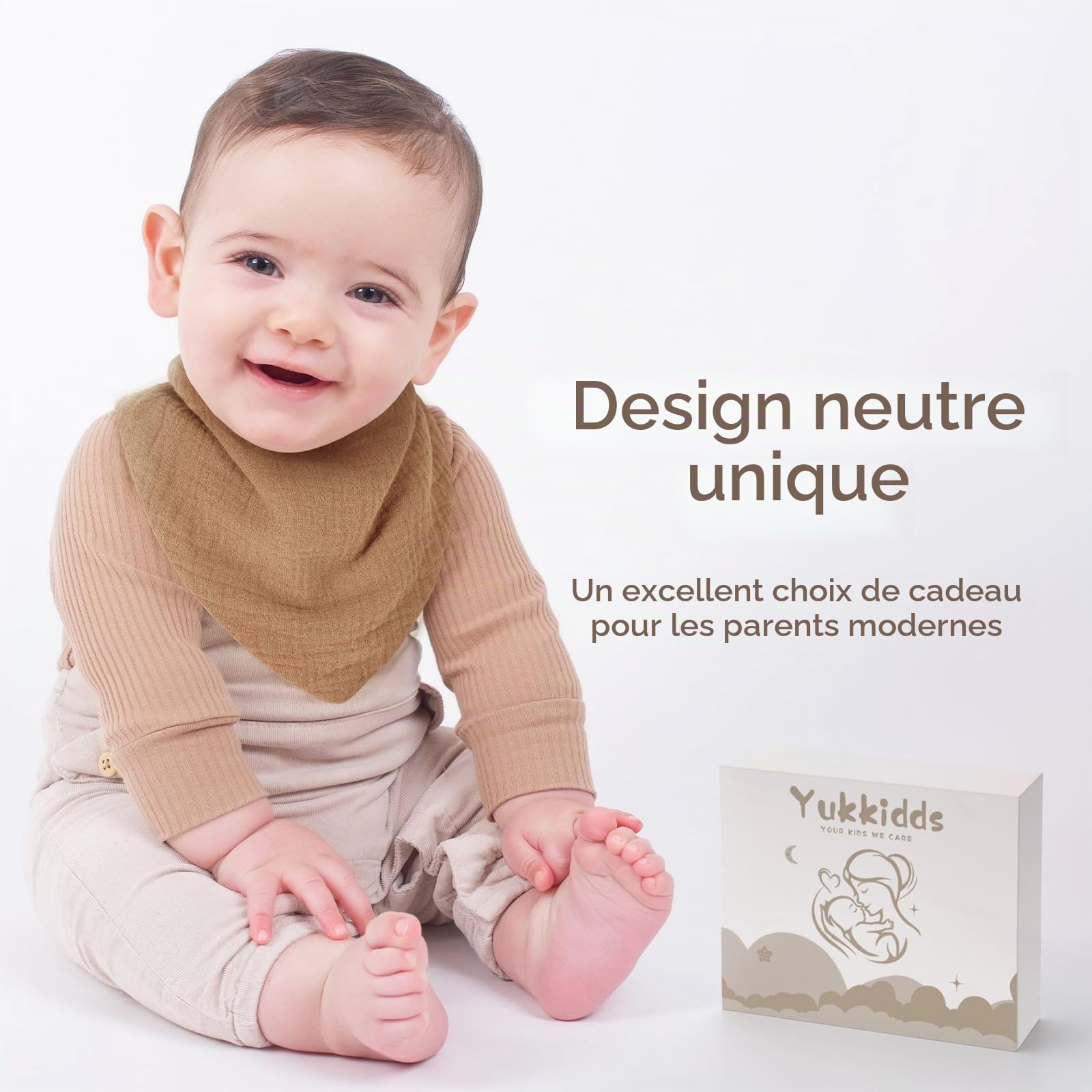 Bavoirs Bébé Naissance 6 Pièces - Bandana en Mousseline Douce et Hautement Absorbante - Réglables pour Nouveau-Né Garçons et Filles Beige Marron