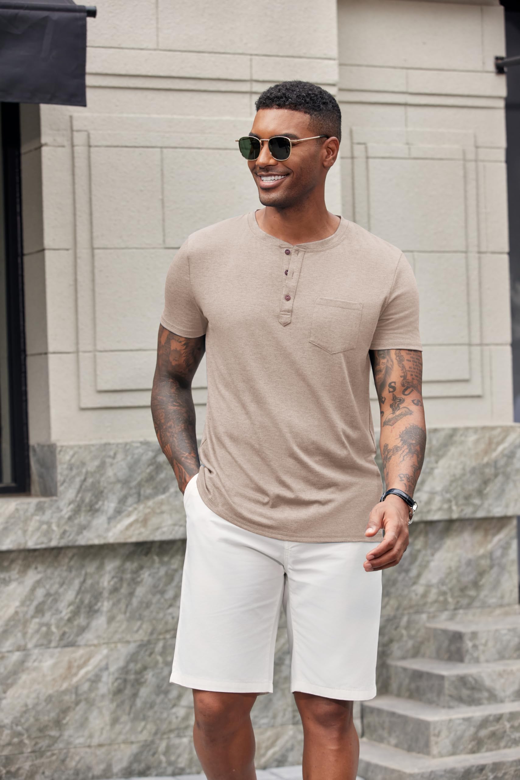 COOFANDY Camicia da uomo casual Henley a maniche corte con tasca T-shirt leggera con bottoni Henley Pullover Basic Tees