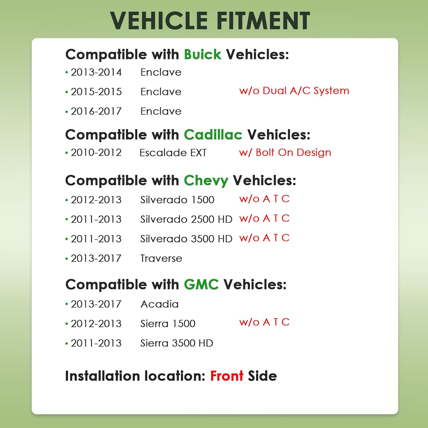 Front AC Heater Blower Motor Compatible with - Chevy, GMC Vehicles - 2012-2013 Silverado 1500, 2011-2013 Silverado 2500/3500 HD, 2010-2013 Sierra 1500 - w/o Automatic Temp Control - Replace# 22803996