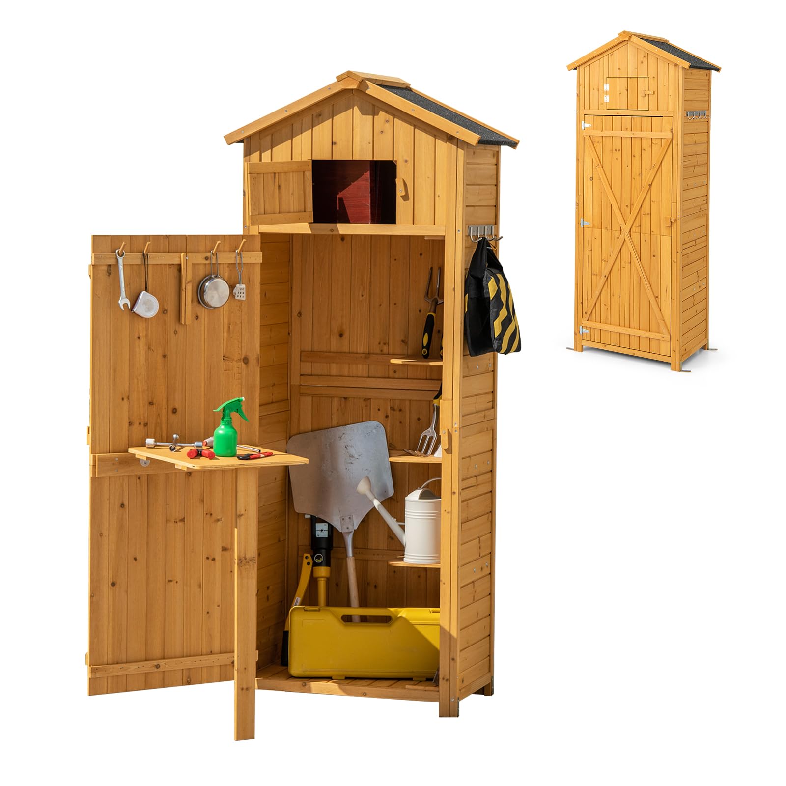 KOMFOTTEU Cobertizo de Madera para Jardín, Armario de Herramientas Resistente a la Intemperie, Caseta con Techo a 2 Aguas, Armario de Almacenaje con Mesa Plegable, 75 x 50 x 180,5 cm