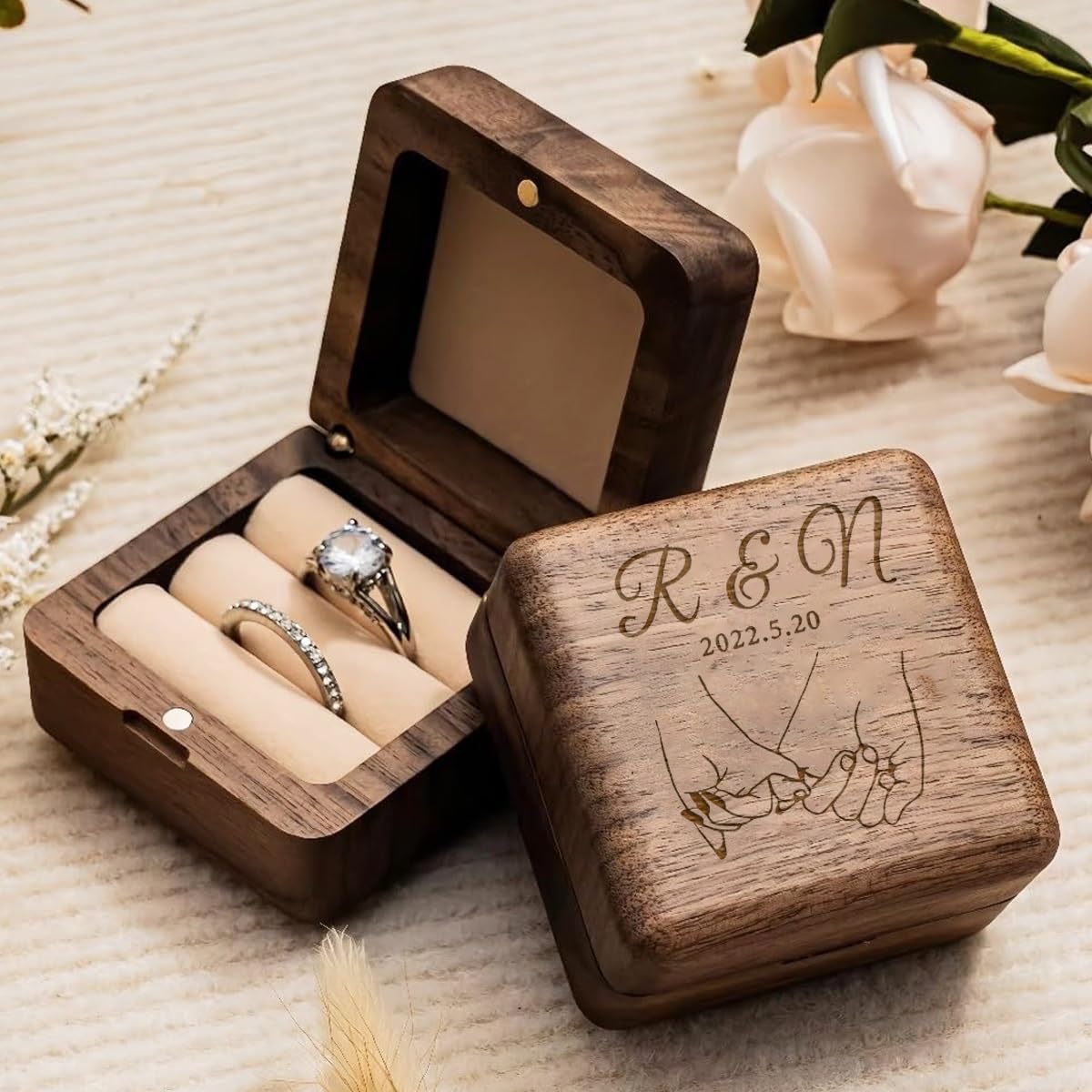 SHENGBEIDZ Personalized Solid Walnut Engagement Ring Box, Customized 5x5x3.5cm Small Vintage Jewelry Storage Boxes With Engraved Name/Date, Ring Holder For Wedding, Proposal Ceremony