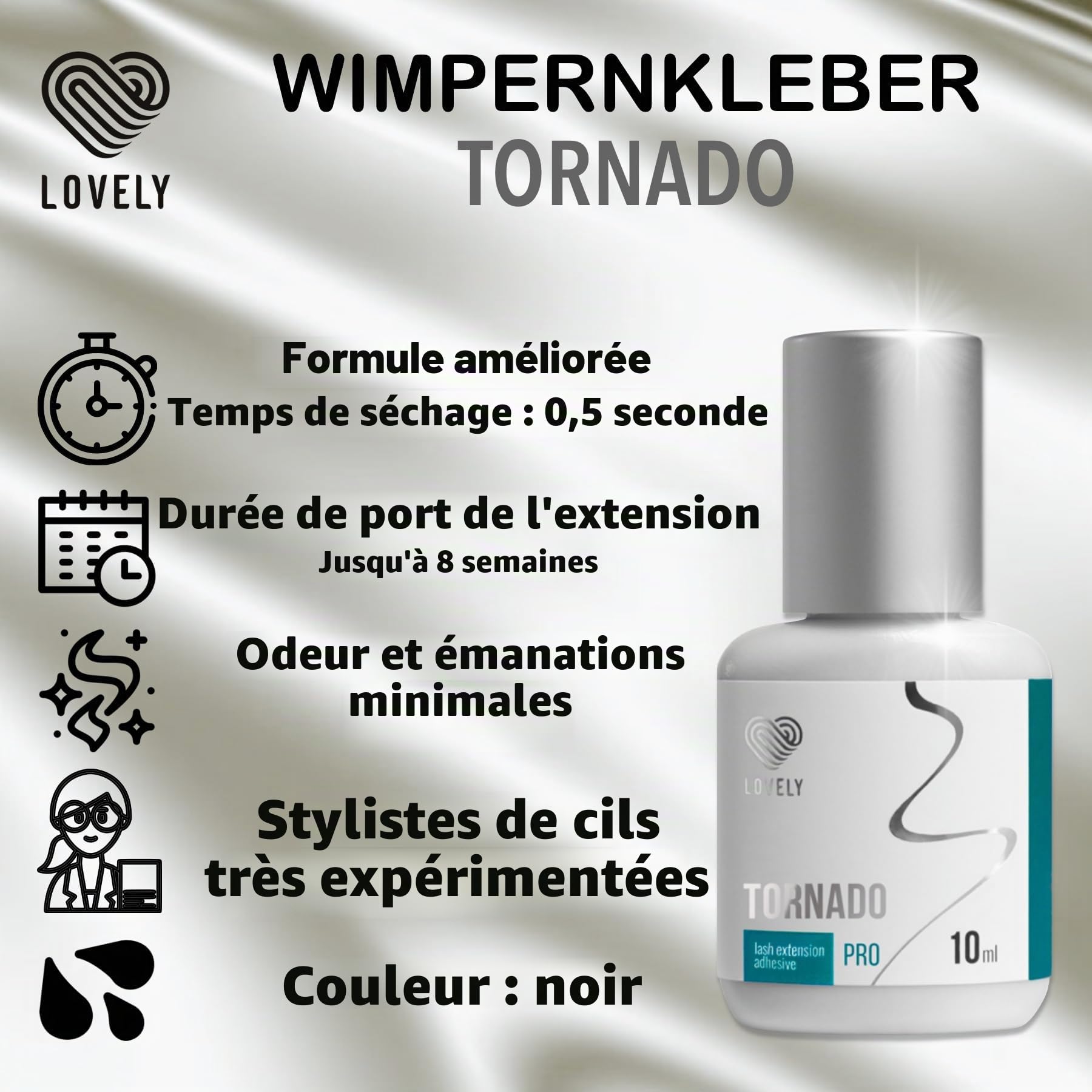 LOVELY TORNADO Colle à cils 10ml Noir – Colle ultra rapide – Temps de séchage : immédiat – 8 semaines d'adhérence – Très résistante | Pour extensions de cils, Lash Extension Glue