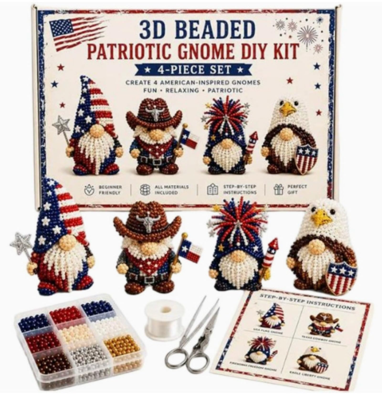 Hamosky 3D Beaded Animal DIY Kit, Handmade 3D Beadwork Art Craft Set, DIY Animals Beadwork Craft Kits,Beginner Friendly Craft Kit with Step-by-Step Instructions for Teenss (Patriotic Gnome DIY Kit)