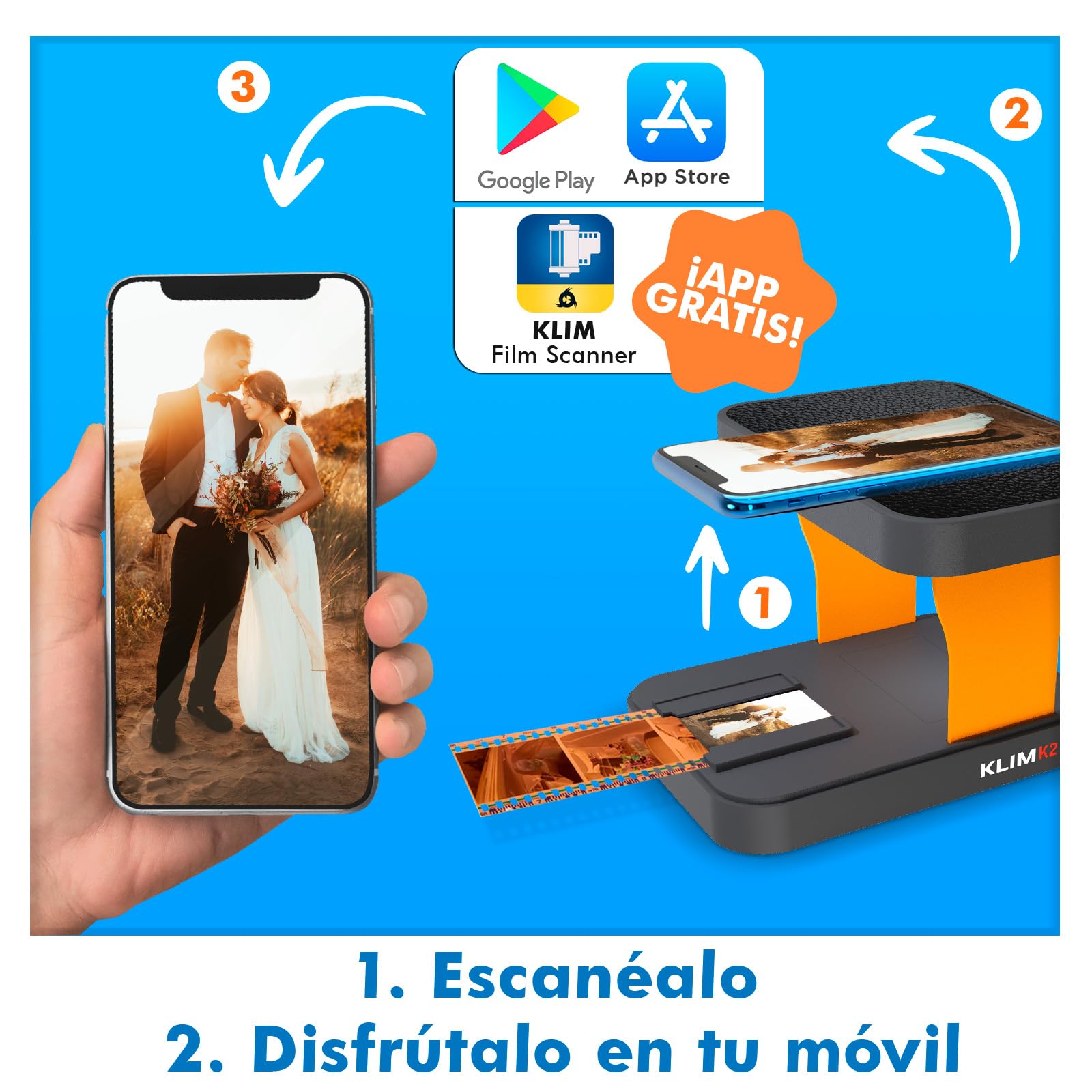 KLIM K2 Escáner de Negativos Y Diapositivas 35 MM - Nuevo - Kit Digitalizador de Diaposistivas Y Escaner Fotos - Tu Propia Digitalización para Negativos en Casa con Tu Móvil - Amber