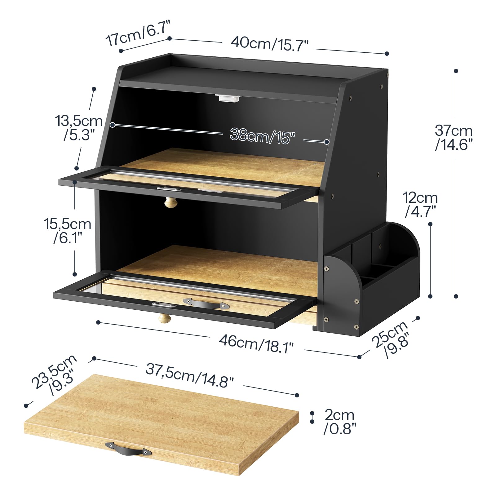 HOOBRO 2-stöckiger Brotkasten Bambus mit Schneidebrett und Besteckhalter, Brotbox mit Acryltüren, Brotkorb, Brotaufbewahrung, Brotbehälter für Küche und Esszimmer, Schwarz und Natur EBY23MB01