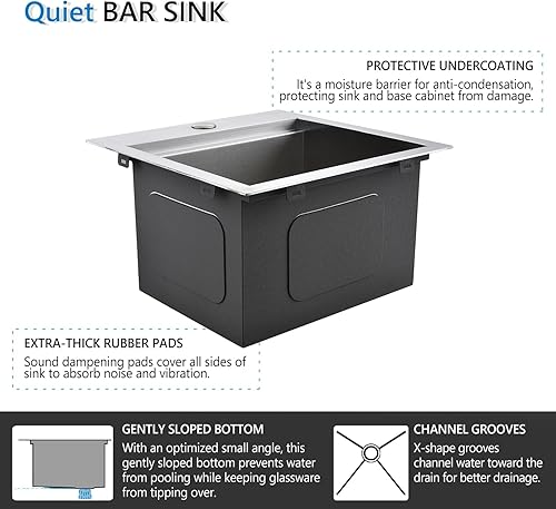 Miniatura 6 de Fregadero de barra con estación de trabajo de 15 x 15 pulgadas, fregadero de acero inoxidable T304 de calibre 16  Tazón individual de 9 pulgadas de
