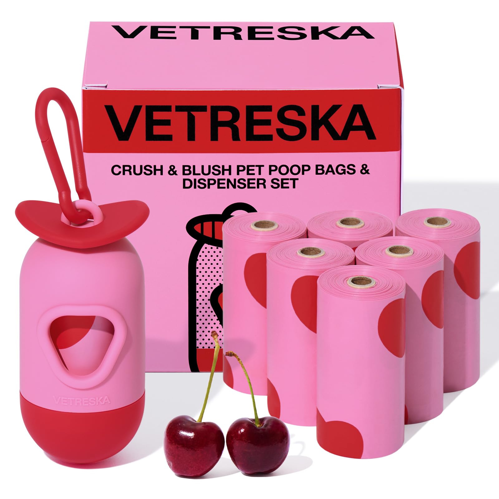 VETRESKA Dog Poo Bags with Dispenser - 105 Extra Thick Guaranteed Leak Proof Smoked Cherry Scented Pet Waste Bags Refill Rolls (7 Rolls) | Strong Poop Bags for Dog Walking, Cat Litter, Puppy, Pink