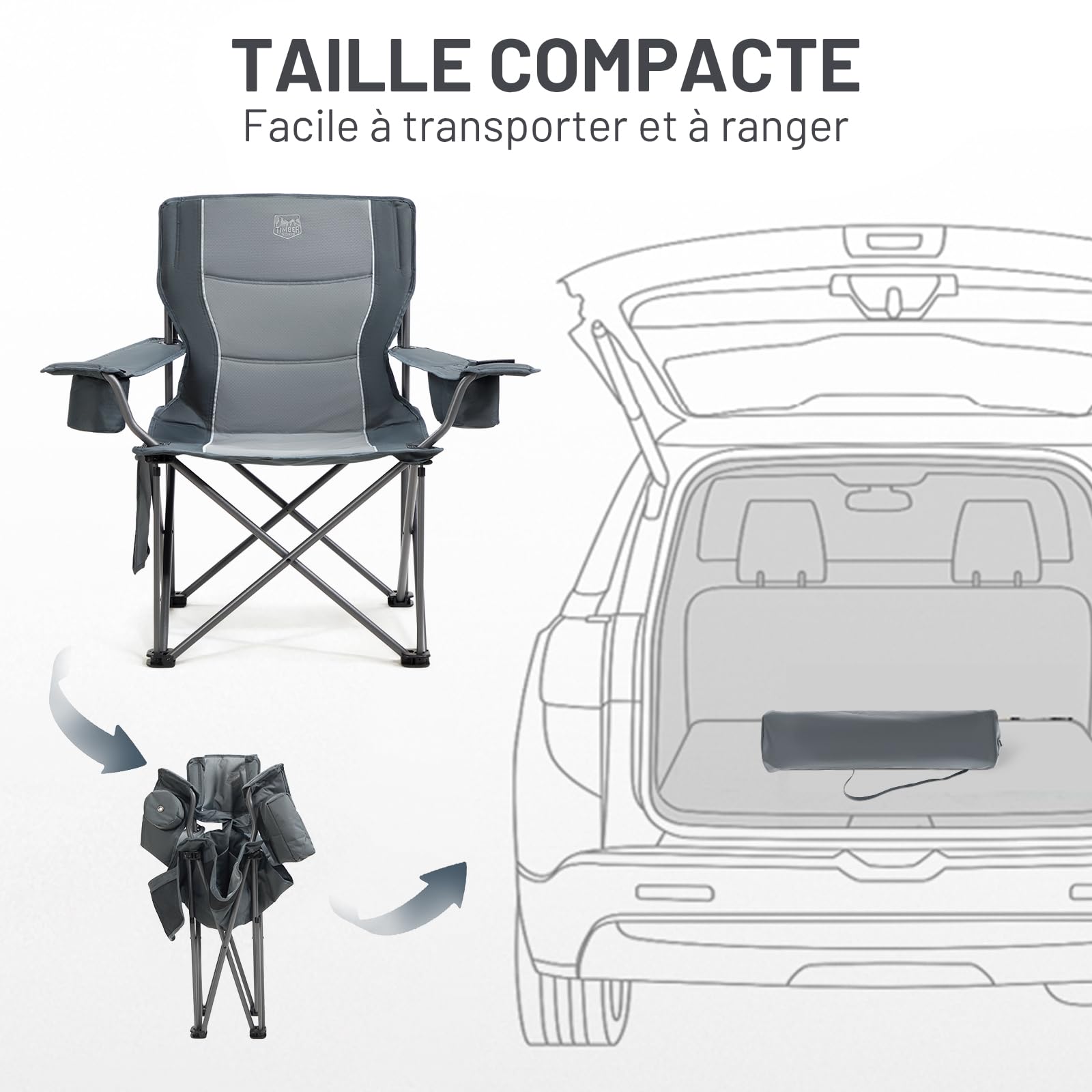 TIMBER RIDGE 2Pcs Chaise Pliante Camping 200kg 63cm Large-siège Confortable Chaise de Exterieur Rembourrée Porte-Gobelet Sac Isotherme Accoudoirs Réglables pour Pêche Voyage Festival