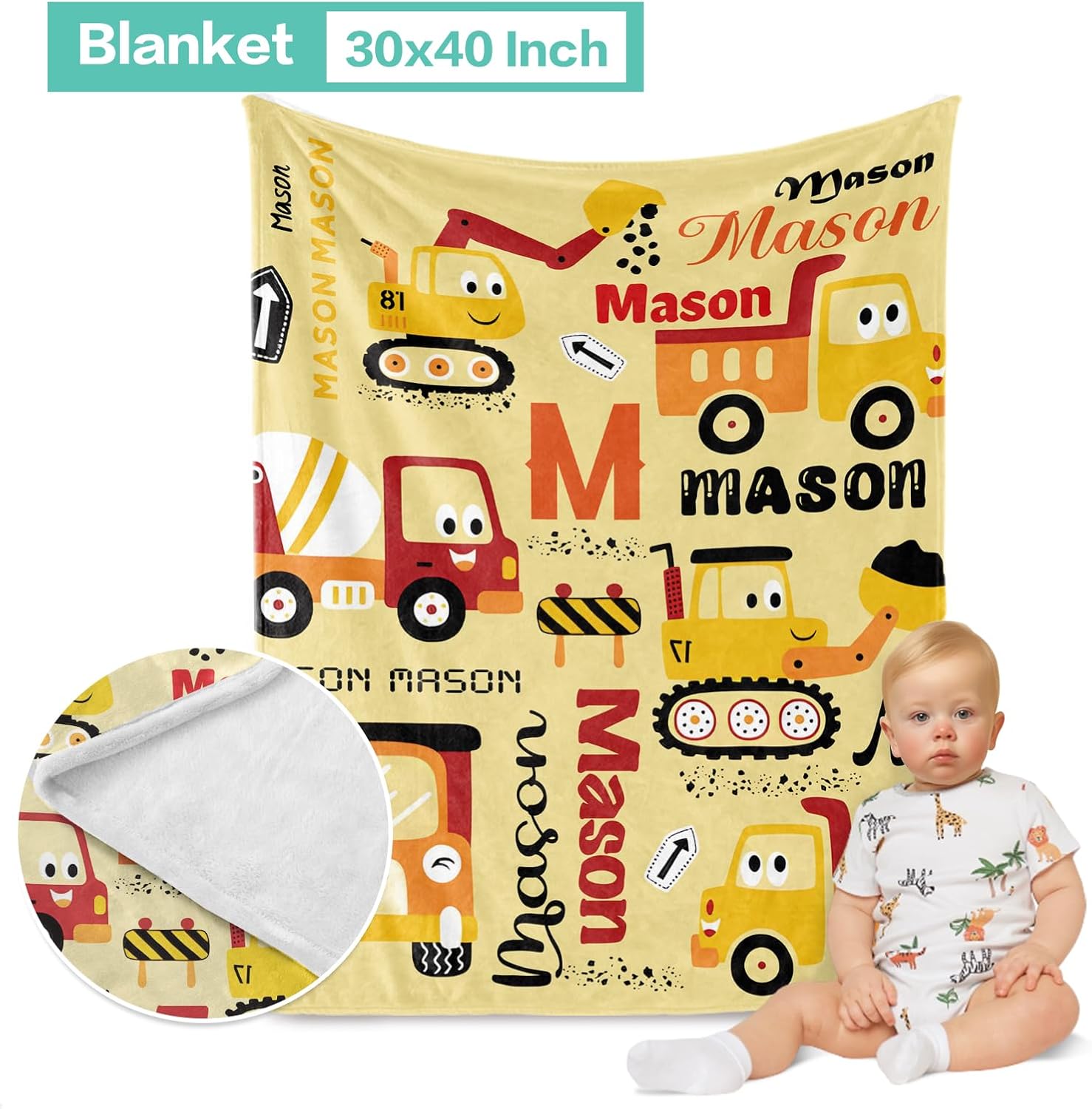 Custom Baby Crib Bedding Set 3 Piece - Personalized Name with Vehicles Design - Soft Chic Blanket, Crib Sheet, Pillowcase for Newborns Boys Girls Nursery Gifts Color17-Construction Cars
