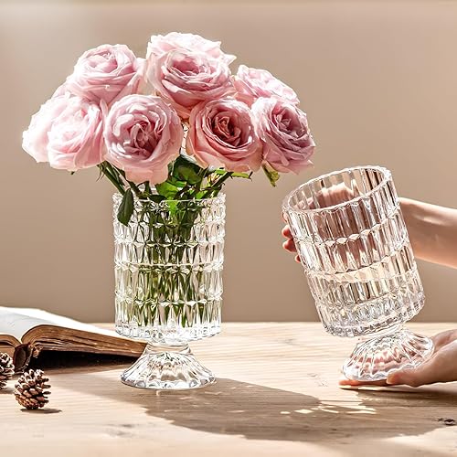 Miniatura 6 de Goaste Paquete de 3 jarrones de base grande en relieve, jarrón de cristal de 7 pulgadas, jarrones hidropónicos verdes para plantas, jarrones