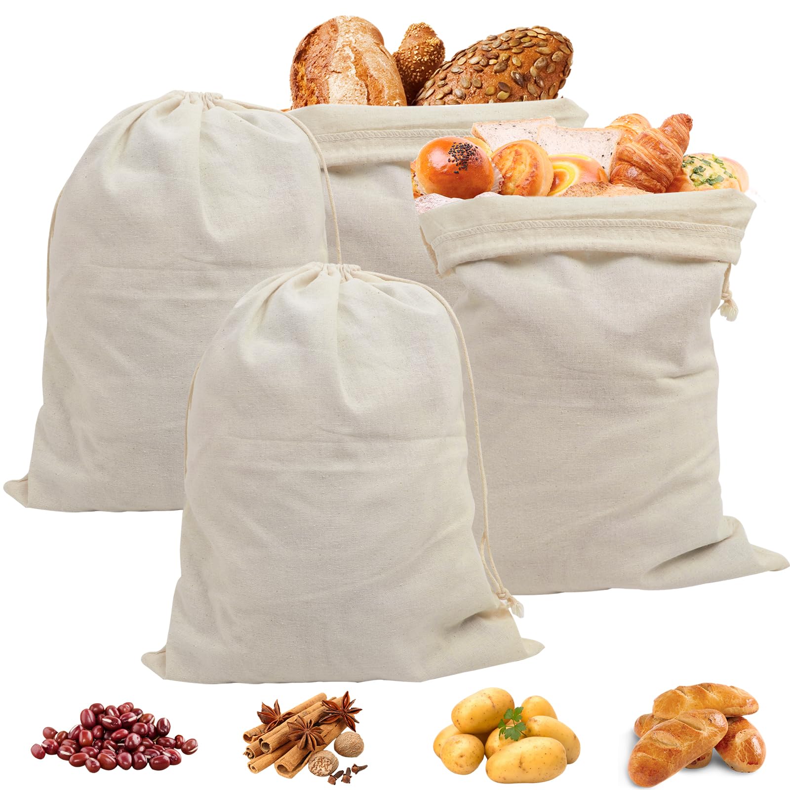 Set di 4 sacchetti per il pane in lino, riutilizzabili, con