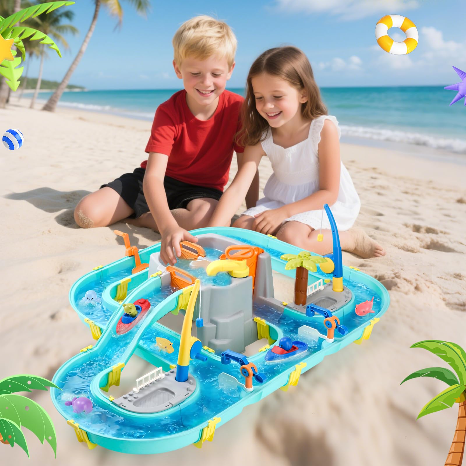 Mesa de Agua para Niños 80 Piezas con Circuito Acuático y Caña de Pescar Magnética