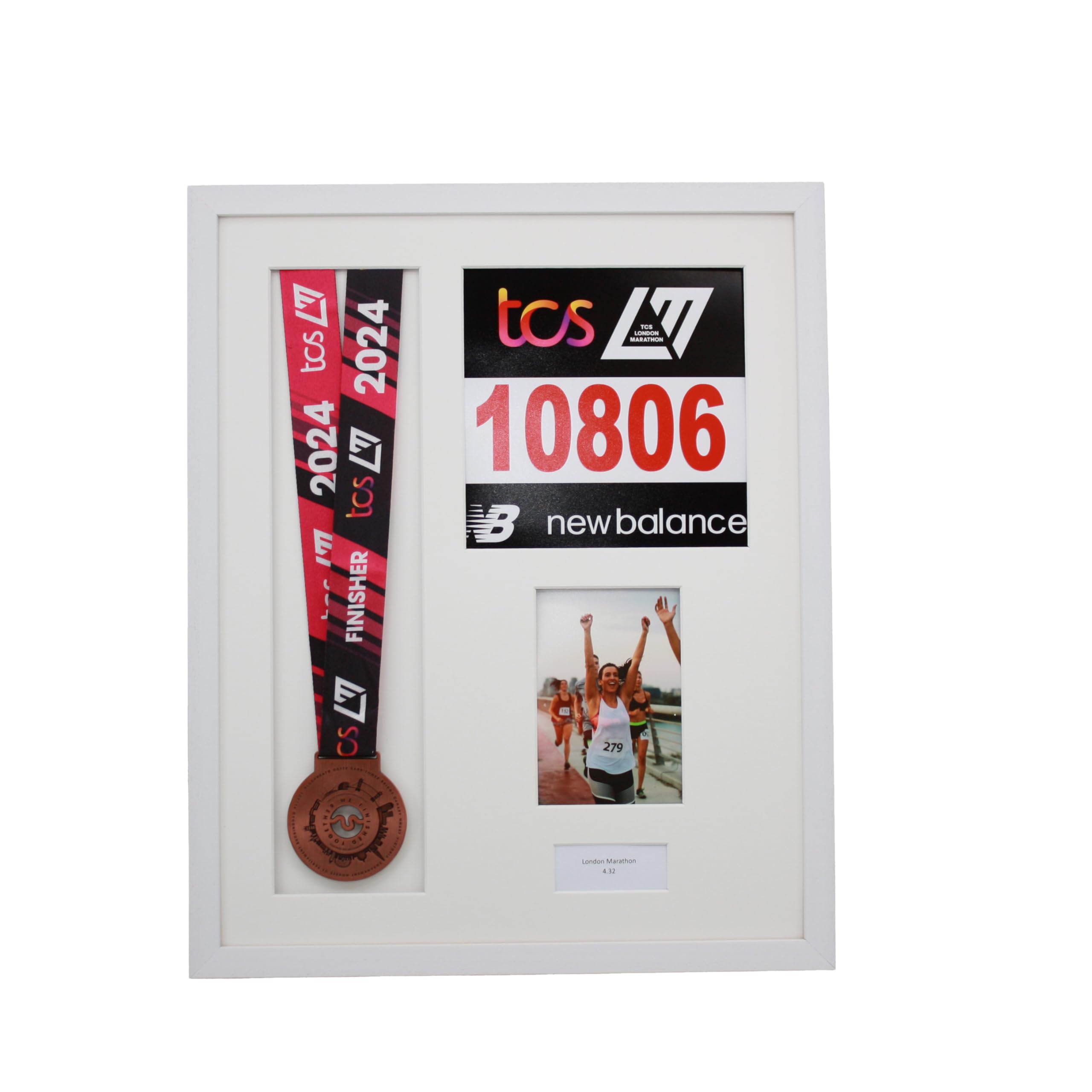 Personalised Medal display Frame with Apertures for Medal, Race Bib, 6x4 Photo and Text. London Marathon 2025 | 2024 | Marathon Medal | (White Frame)