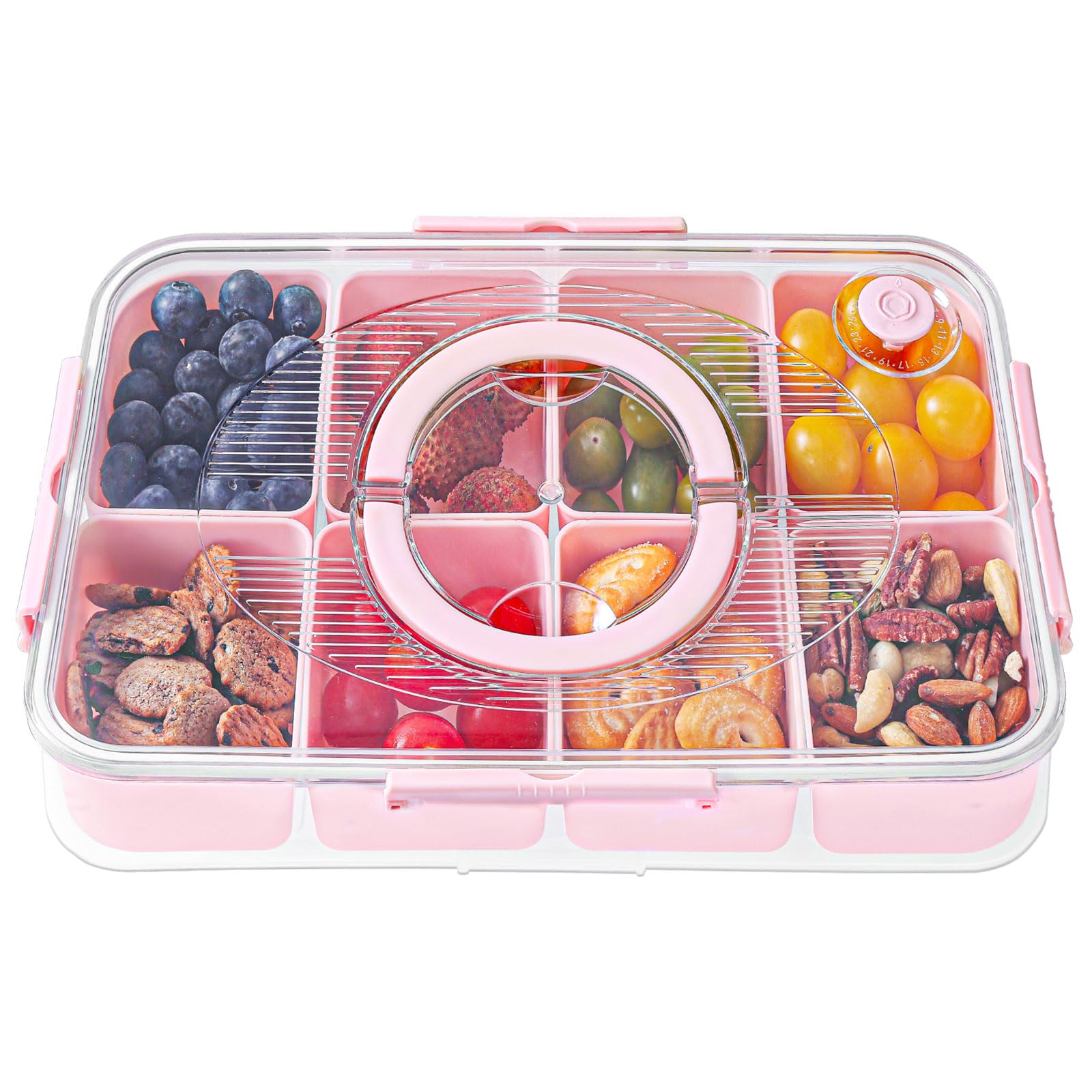 Luxear Divided Snack Box with Compartment, Divided Snack Serving Tray Reusable with Lid Handle, Food Storage Container Organiser for Snackle Box Appetizers Container,Pink