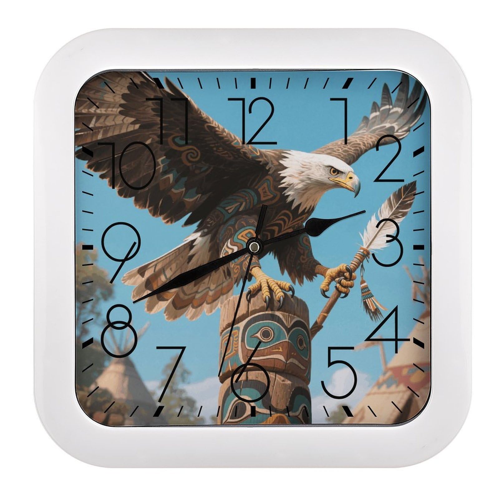 MUSM 10.2 X 10.2 Inch Modern Totem Eagle Wall Clock Battery Operated High Accuracy Decorative Square Clocks for Kitchen Bedroom Living Room Home Office Porch