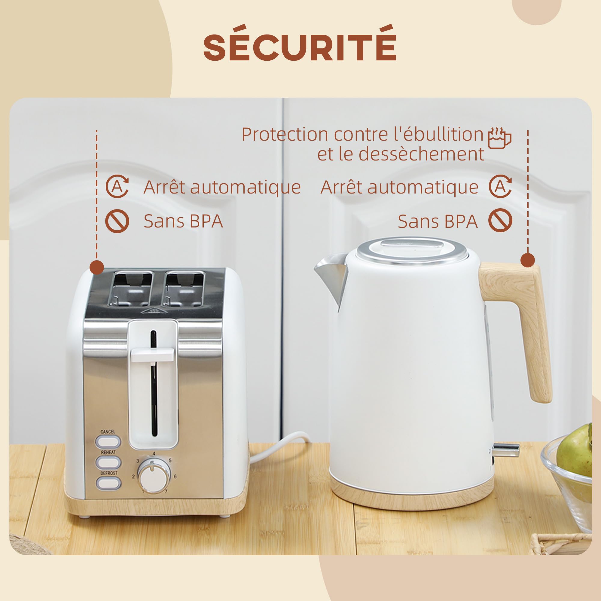 HOMCOM Bouilloire et Grille-Pain 2200W, 1,7 L Acier Inoxydable, 2 Tranches, 7 Niveaux de Brunissage, Blanc