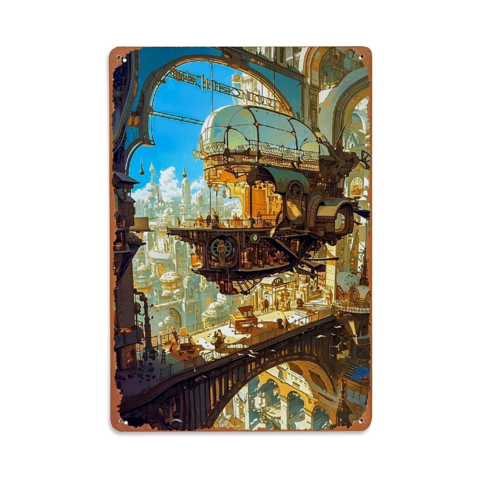 Jdfenggu Vintage Steampunk Airship Cityscape Fantasy Art Retro Metal Tin Sign, Decor Art Poster For Bar, Home, Man Cave, Kitchen, Laundry Room Gift 8X12inch