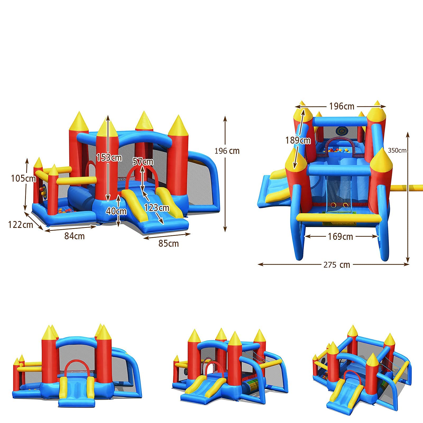GOPLUS Castillo Hinchable con Soplador, Inchable Infantil Interior Exterior, Material Extra Rueso, Ninos Adecuado de 3 a 10 Años, con Toboganes, Zona de Salto de Pared de Escalada, 350 x 275 x 196cm
