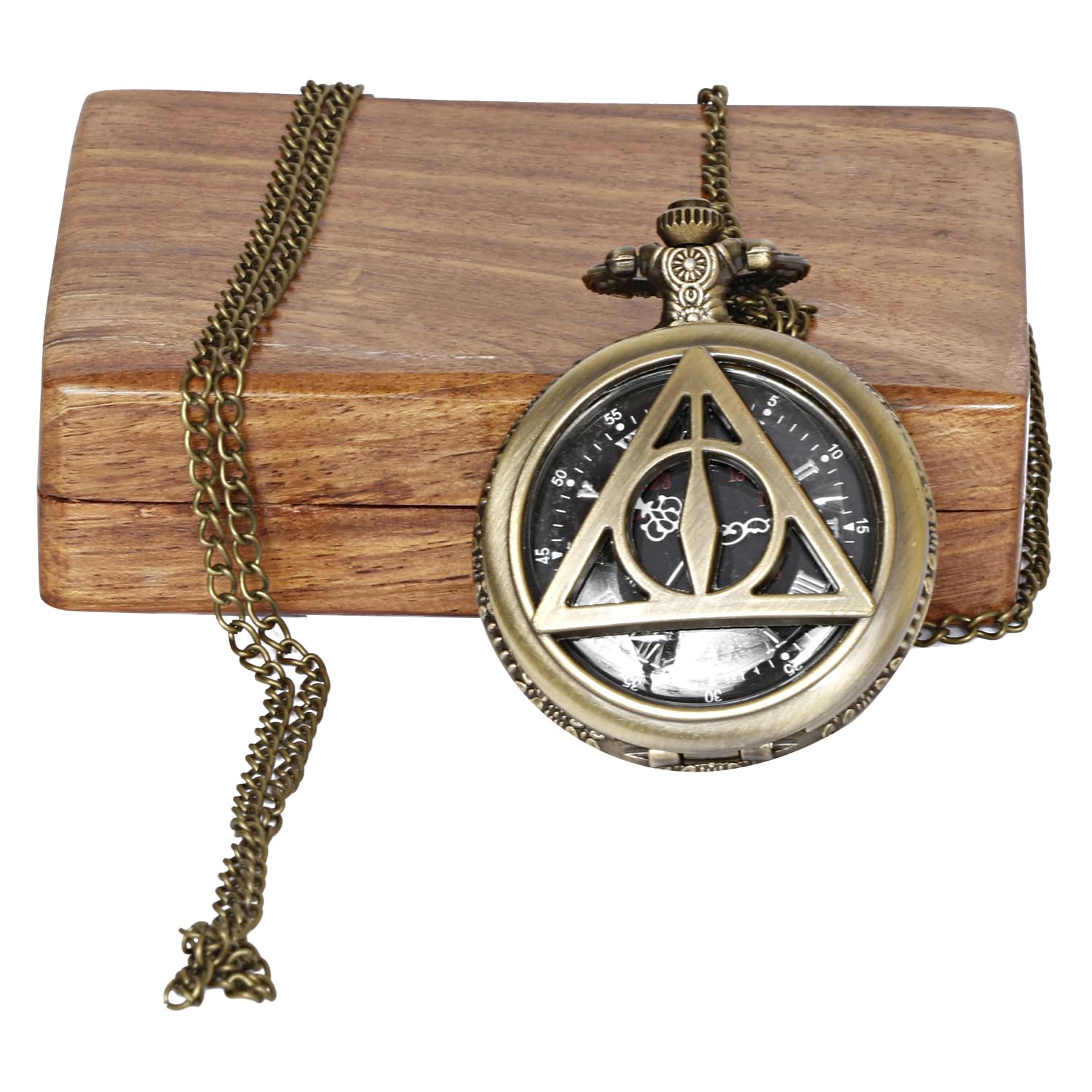 ARTVARKOTriangle Analog Locket Pocket Watch with Long Chain and Roman Numbers Jewellery Necklace with Wooden Box for Women and Men