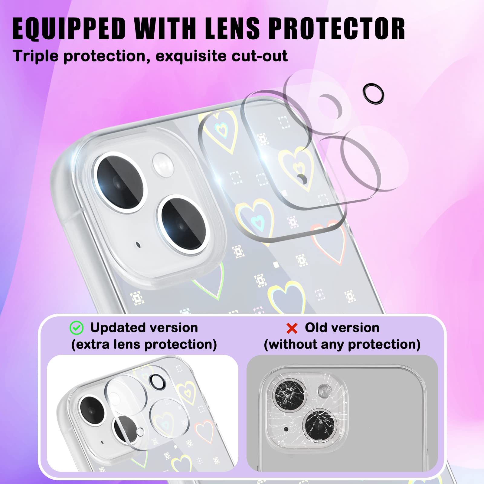 Newseego Cover IPhone 14 Pro Con Cuori Laser – Custodia Trasparente Rigida + 3 Protezioni Lenti + Catena Portafortuna, Regalo Per Ragazze - 2